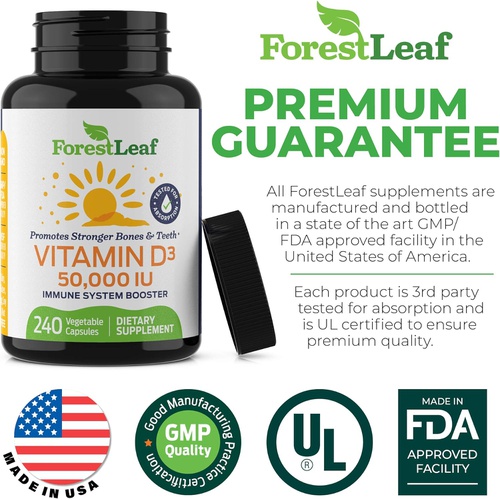  ForestLeaf - Vitamin D3 50,000 IU Weekly Supplement - 120 Vegetable Vitamin D Capsules for Bones, Teeth, and Immune Support - Easy Swallow Pure Vitamin D3 50000 IU- Non GMO Pills