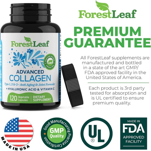  ForestLeaf - Collagen Pills with Hyaluronic Acid & Vitamin C - Reduce Wrinkles, Tighten Skin, Boost Hair, Skin, Nails & Joint Health - Hydrolyzed Collagen Peptides Supplement - 240