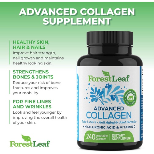  ForestLeaf - Collagen Pills with Hyaluronic Acid & Vitamin C - Reduce Wrinkles, Tighten Skin, Boost Hair, Skin, Nails & Joint Health - Hydrolyzed Collagen Peptides Supplement - 240