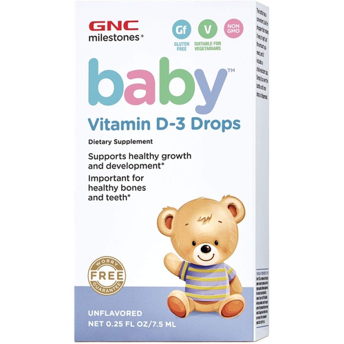  GNC Milestones Baby Vitamin D-3 Drops Supports Healthy Growth and Development, Healthy Bones, Gluten Free, Alcohol Free, Non-GMO Unflavored 0.25 oz.