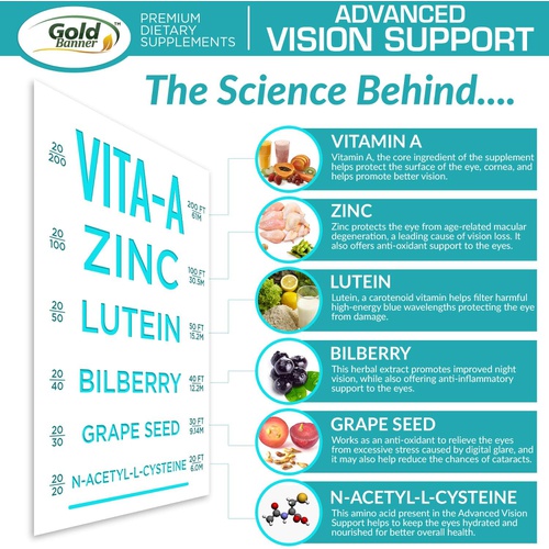  Gold Banner Advanced Vision Support - Lutein Eye & Vision Complex with Lutein, Bilberry, Zinc, Grapeseed & Essential Vitamins - All Natural Retina Capsules for Eye Health - Made in USA