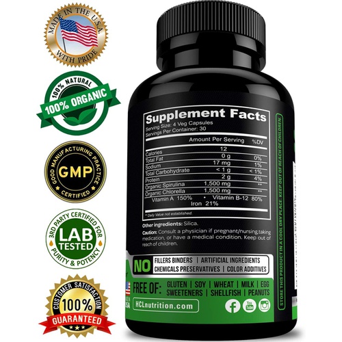  HCL HERBAL CODE LABS Chlorella Spirulina Powder Capsules Organic - 3000 mg of BMAA Free Purest Blue Green Algae - Best Raw Vegan Protein Green Superfood Broken Cell Wall  Made in
