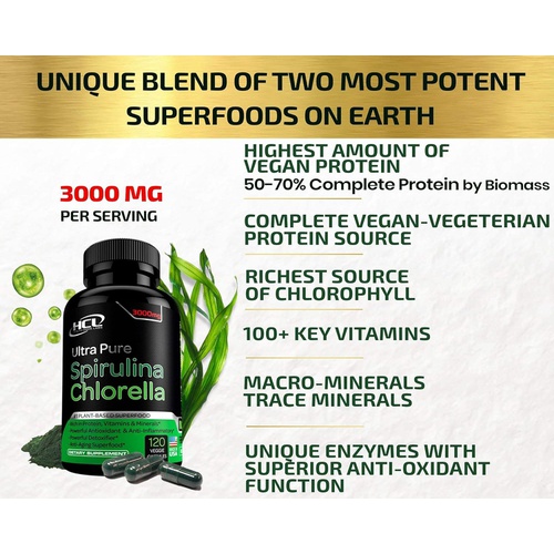  HCL HERBAL CODE LABS Chlorella Spirulina Powder Capsules Organic - 3000 mg of BMAA Free Purest Blue Green Algae - Best Raw Vegan Protein Green Superfood Broken Cell Wall  Made in
