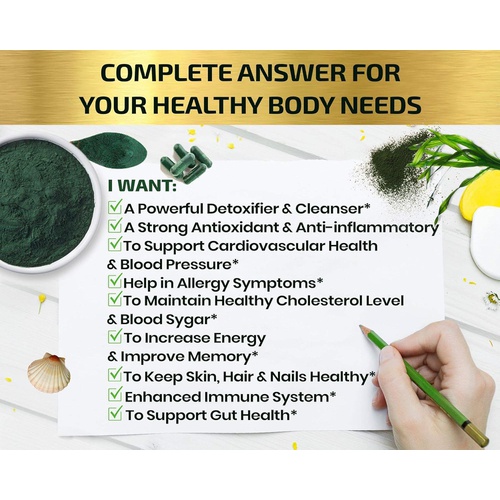  HCL HERBAL CODE LABS Organic Spirulina Powder Capsules 3000 mg - Purest Non-Irradiated Blue Green Algae - Best Raw Vegan Protein - Green Superfood - Natural Multivitamins  180 Pills Made in The USA