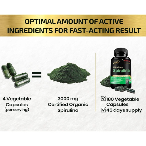  HCL HERBAL CODE LABS Organic Spirulina Powder Capsules 3000 mg - Purest Non-Irradiated Blue Green Algae - Best Raw Vegan Protein - Green Superfood - Natural Multivitamins  180 Pills Made in The USA