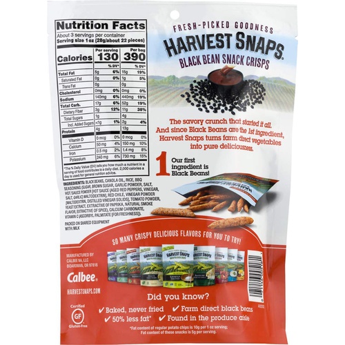  Harvest Snaps Southern Style Barbecue Black Bean Snack Crisps, Gluten-Free, Baked and Crunchy Vegetarian Snack With Plant Protein and Fiber, 3oz/3Count