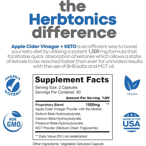  Herbtonics Apple Cider Vinegar Capsules Plus Keto BHB Fat Burner & Weight Loss Supplement for Women & Men Appetite Suppressant