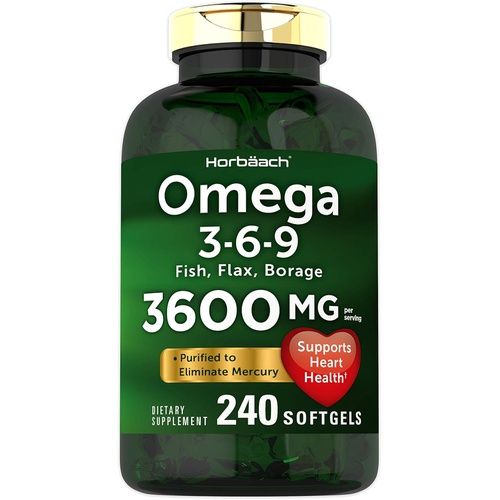  Triple Omega 3-6-9 240 Softgels from Fish, Flaxseed, Borage Oils Non-GMO & Gluten Free by Horbaach