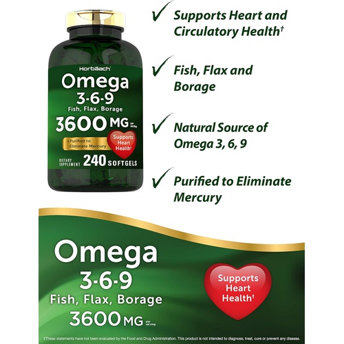  Triple Omega 3-6-9 240 Softgels from Fish, Flaxseed, Borage Oils Non-GMO & Gluten Free by Horbaach