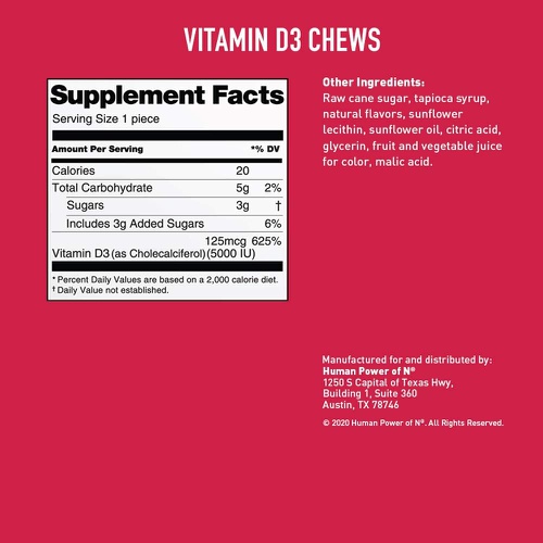  humanN Vitamin D3 Chews - High Potency Vitamin D3 5000iu (125mcg) Helps Support Healthy Mood, Immune Support, Respiratory Health & Bone Health, from Maker of SuperBeets, Mixed Berr
