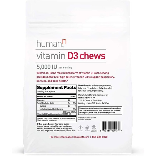  humanN Vitamin D3 Chews - High Potency Vitamin D3 5000iu (125mcg) Helps Support Healthy Mood, Immune Support, Respiratory Health & Bone Health, from Maker of SuperBeets, Mixed Berr