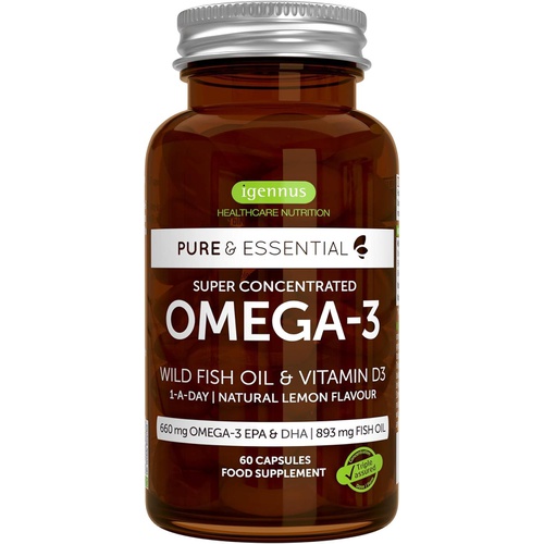  Igennus Healthcare Nutrition Pure & Essential Omega-3 & D3 1000iu, Fast-Acting rTG, Support Eyes, Heart & Brain Function, 1-a-Day, Highly Concentrated EPA & DHA Wild Fish Oil, Non-GMO, 60 Softgels