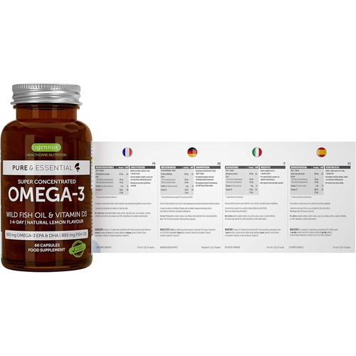  Igennus Healthcare Nutrition Pure & Essential Omega-3 & D3 1000iu, Fast-Acting rTG, Support Eyes, Heart & Brain Function, 1-a-Day, Highly Concentrated EPA & DHA Wild Fish Oil, Non-GMO, 60 Softgels