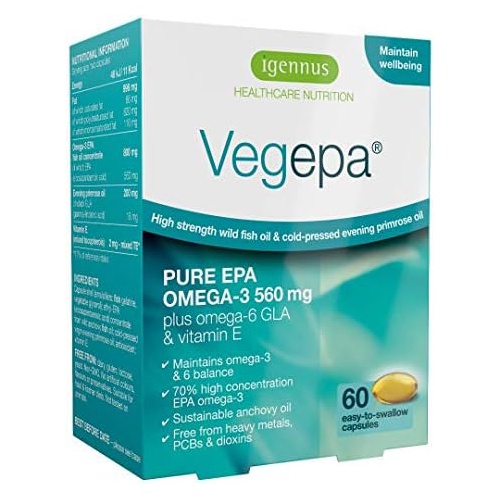  Igennus Healthcare Nutrition Vegepa Omega 3 Wild Fish Oil & Evening Primrose Oil Blend, 560 mg EPA Plus GLA, 60 Small Softgels