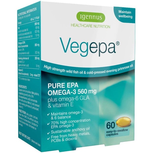  Igennus Healthcare Nutrition Vegepa Omega 3 Wild Fish Oil & Evening Primrose Oil Blend, 560 mg EPA Plus GLA, 60 Small Softgels