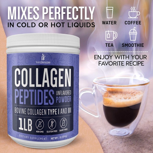  InstaSkincare Collagen Peptides Powder for Women Hydrolyzed Collagen Protein Powder Types I and III Non-GMO Grass-Fed Gluten-Free Kosher and Pareve Unflavored Easy to Mix Drink Healthy Hair Skin