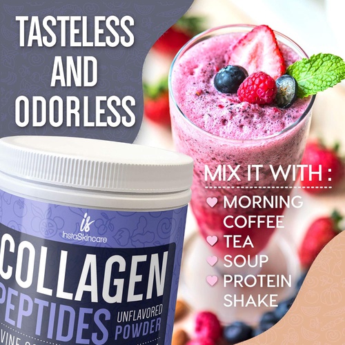  InstaSkincare Collagen Peptides Powder for Women Hydrolyzed Collagen Protein Powder Types I and III Non-GMO Grass-Fed Gluten-Free Kosher and Pareve Unflavored Easy to Mix Drink Healthy Hair Skin
