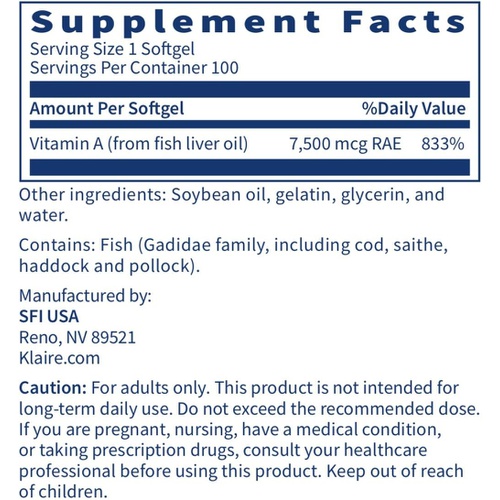  Klaire Labs Vitamin A - High Potency 25000 IU Dose (7,500mcg RAE) from Fish Liver Oil, Preformed Retinol Form (100 Softgels)