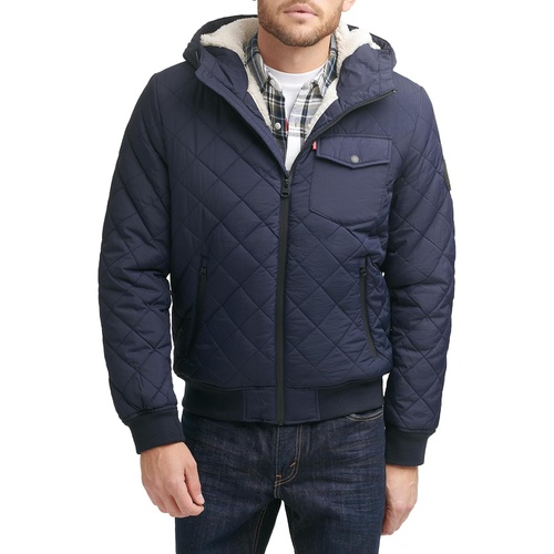 리바이스 Mens Levis Diamond Quilted Bomber with Sherpa Lined Hood