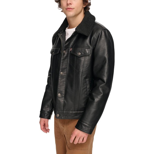 리바이스 Mens Levis Faux Leather Trucker with Sherpa Lined Collar
