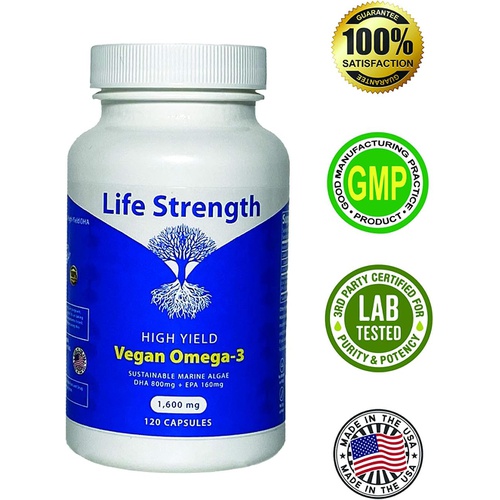  Life Strength Vegan Omega-3 Supplement - Marine Algae with DHA & EPA Fatty Acids - Plant-Based Fish Oil Alternative - Carrageenan Free, Sustainable Omega Capsules for Eye, Immune,