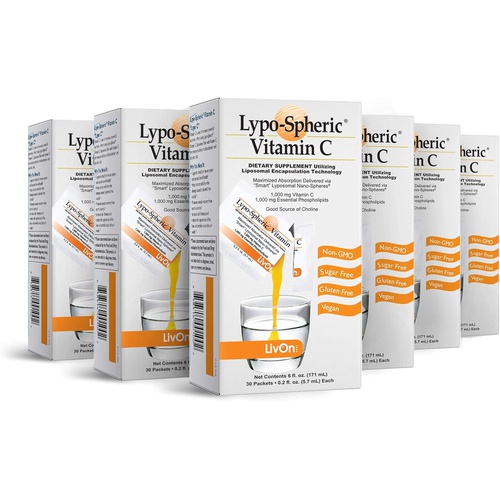  LivOn Laboratories LypoSpheric Vitamin C - 6 Cartons (180 Packets)  1,000 mg Vitamin C & 1,000 mg Essential Phospholipids Per Packet  Liposome Encapsulated for Improved Absorpti