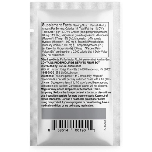  LivOn Laboratories LypoSpheric Magnesium LThreonate  30 Packets  1,000 mg Magnesium Per Packet  Liposome Encapsulated for Improved Absorption  Professionally Formulated & 100% NonGMO