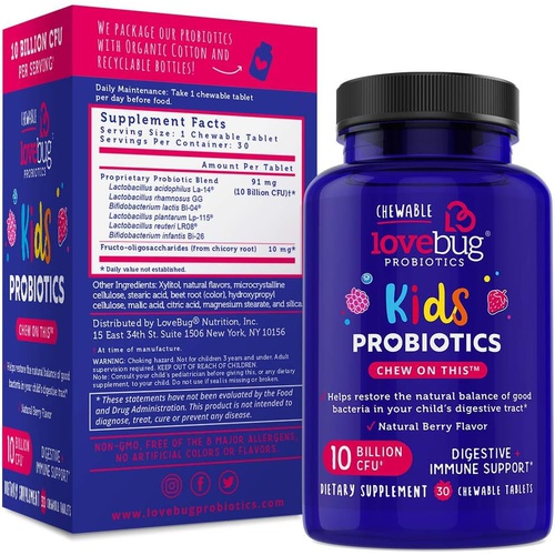  lovebug PROBIOTICS for Kids Multi-Strain 10 Billion CFU Constipation & Stomach Discomfort Sugar Free Ages 4+ Natural Berry Flavor 30 Chewables