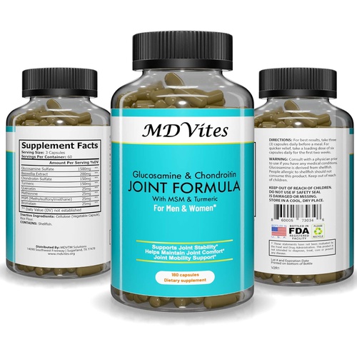  MDVites Joint Formula with Glucosamine, Chondroitin, Turmeric Curcumin, MSM Boswellia. Supports Joint Health. Contains Natural Anti-inflammatory Ingredients.