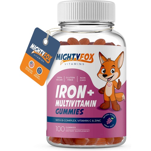  MIGHTY FOX VITAMINS Iron Gummies for Kids  Non-GMO Kids Vitamins with Iron - Gluten-Free Kids Gummy Vitamins - Chewable Kids Iron Supplement with Vitamin A, B3, B5, B6, B12, and Zinc for Kids Nutriti