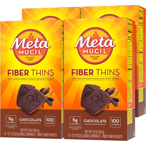 Metamucil Fiber Thins, Psyllium Husk Fiber Supplement, Digestive Health Support and Satisfy Hunger, Chocolate Flavored, 12 Servings (Pack of 4)