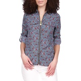 Womens Roll Tab Zip Front Floral Top