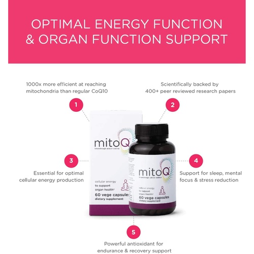  MitoQ Advanced CoQ10 Ubiquinol Supplement, Antioxidant Support for Mitochondria, Organ Health, Healthy Aging, and Cellular Energy (60 Veggie Capsules)