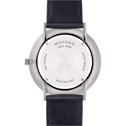  Movado Mens Ultra Slim Grey Mid Pvd Case with a Blue Dial on a Navy Calfskin Strap (Model:0607400)