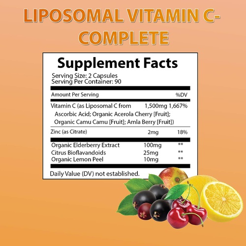  MoxyVites Liposomal Vitamin C with Zinc Capsules - Vit C Organic Elderberry, Amla, Camu Camu- Vitamina C High Absorption, Anti Aging, Immune Support,1500mg/Serving 3 Month Supply Gluten Free