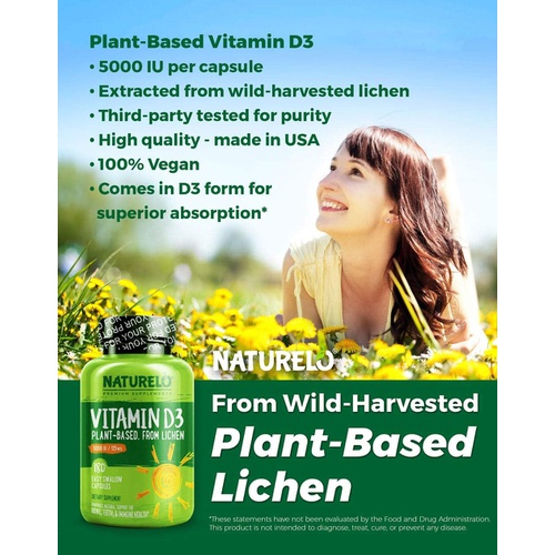 NATURELO Vitamin D - 5000 IU - Plant Based from Lichen - Natural D3 Supplement for Immune System, Bone Support, Joint Health - High Potency - Vegan - Non-GMO - Gluten Free - 180 Ca