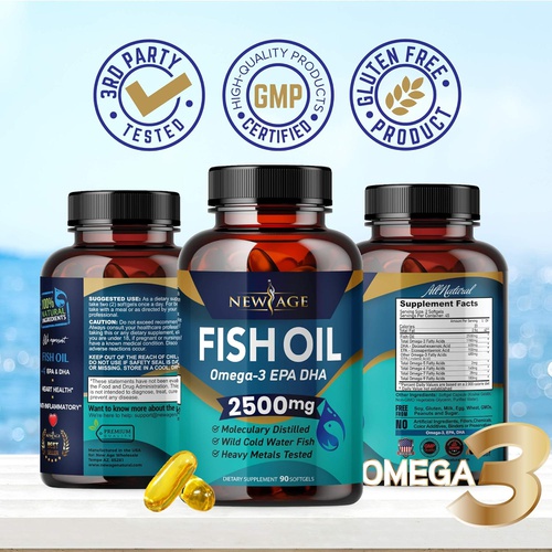  NEW AGE Omega 3 Fish Oil 2500mg Supplement Immune & Heart Support  Promotes Joint, Eye, Brain & Skin Health - Non GMO - EPA, DHA Fatty Acids Gluten Free (180 Softgels (Pack of 2))