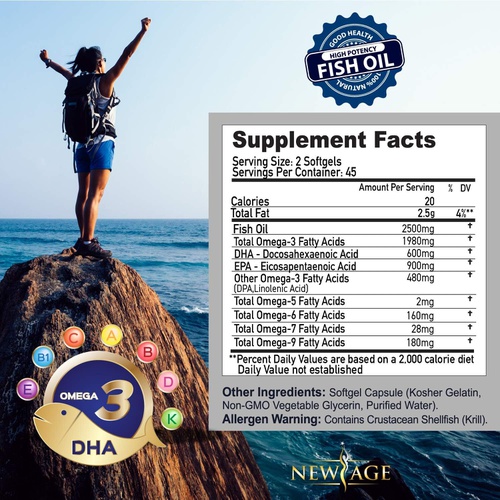  NEW AGE Omega 3 Fish Oil 2500mg Supplement Immune & Heart Support  Promotes Joint, Eye, Brain & Skin Health - Non GMO - EPA, DHA Fatty Acids Gluten Free (180 Softgels (Pack of 2))