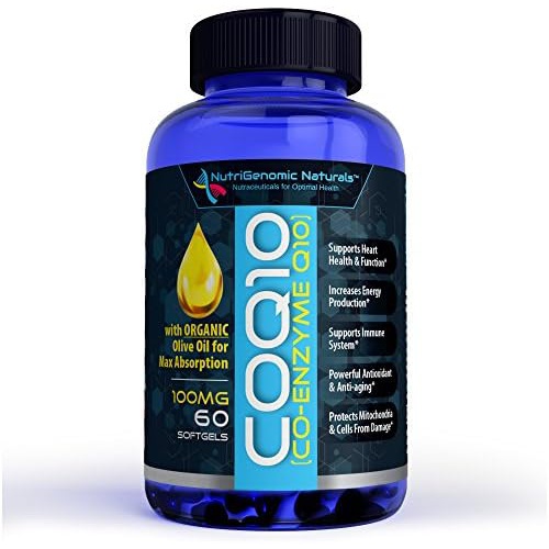  NUTRIGENOMIC NATURALS NUTRACEUTICALS FOR OPTIMAL CoQ10, Coenzyme Q10, Highest Absorption with Organic Olive Oil, 100mg, 60 Softgels, Ubiquinone, Ubiquinol, Supports Heart Health, Increases Energy, Pure, Natural, Effective, NutriG