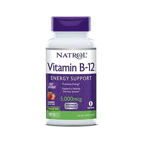 Natrol Vitamin B12 Fast Dissolve Tablets, Promotes Energy, Supports a Healthy Nervous System, Maximum Strength, Strawberry Flavor, 5,000mcg, 100 Count