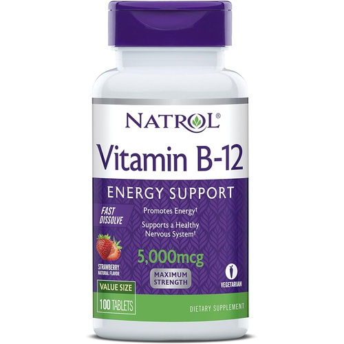  Natrol Vitamin B12 Fast Dissolve Tablets, Promotes Energy, Supports a Healthy Nervous System, Maximum Strength, Strawberry Flavor, 5,000mcg, 100 Count