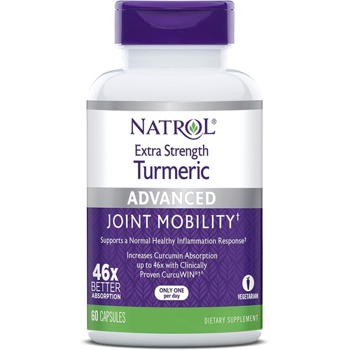  Natrol Extra Strength Turmeric Capsules, Supports Cellular, Inflammatory, Heart, Joint and Brain Health, Clinically Proven CurcuWIN, 46x Better Absorption, 60 Count
