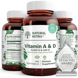 Natural Nutra Vitamin A and D, Sourced from Cod Liver Oil, 10000IU/400IU, Healthy Bones Supplement, Promotes Strong Teeth and Eyes, Improves Heart and Muscle Function, Immune Syste