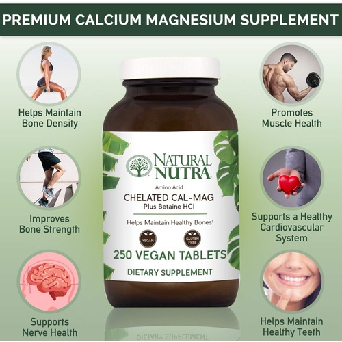  Natural Nutra Chelated Cal Mag 1000/500 mg Supplement Plus Betaine HCL, Improves Bone Strength and Density, Muscle Health, Healthy Teeth, Supports Cardiovascular System, Nerve Heal
