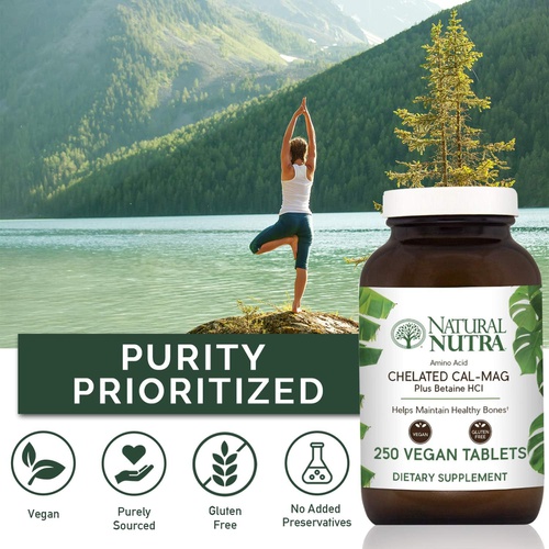  Natural Nutra Chelated Cal Mag 1000/500 mg Supplement Plus Betaine HCL, Improves Bone Strength and Density, Muscle Health, Healthy Teeth, Supports Cardiovascular System, Nerve Heal