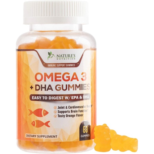  Natures Nutrition Omega 3 Fish Oil Gummies, Heart Healthy Omega 3s with DHA & EPA, Tasty Natural Orange Flavor, Extra Strength Brain Support and Joints Support, Delicious Gummy Vitamin for Men & Wom
