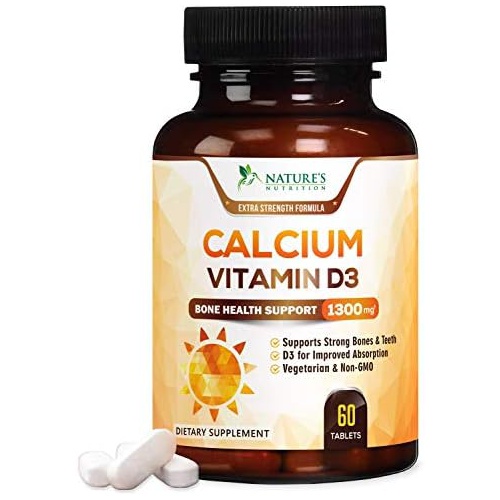  Natures Nutrition Calcium Supplment with Vitamin D3 - High Potency with 1300mg Calcium & 800 IU Vitamin D3 for Immune & Bone Health Support - Natures Calcium Fast Absorption, Gluten Free for Women &