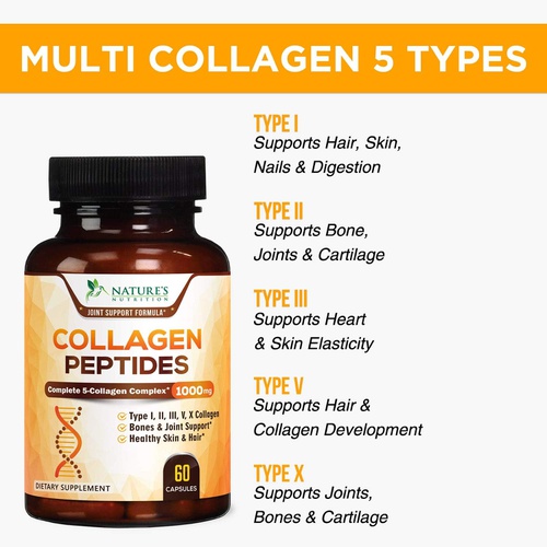  Natures Nutrition Multi Collagen Pills 1000mg - Extra Strength Hydrolyzed Collagen - Advanced Peptides Complex 5-in-1 Types I, II, III, V, X - Supports Healthy Skin, Hair, Nails & Joints Supplement
