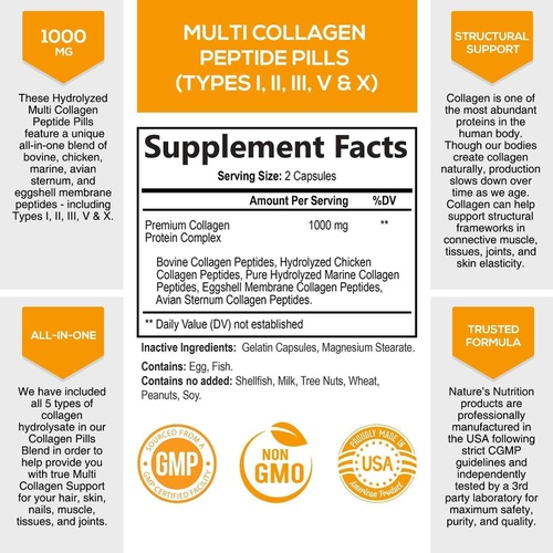 Natures Nutrition Multi Collagen Pills 1000mg - Extra Strength Hydrolyzed Collagen - Advanced Peptides Complex 5-in-1 Types I, II, III, V, X - Supports Healthy Skin, Hair, Nails & Joints Supplement