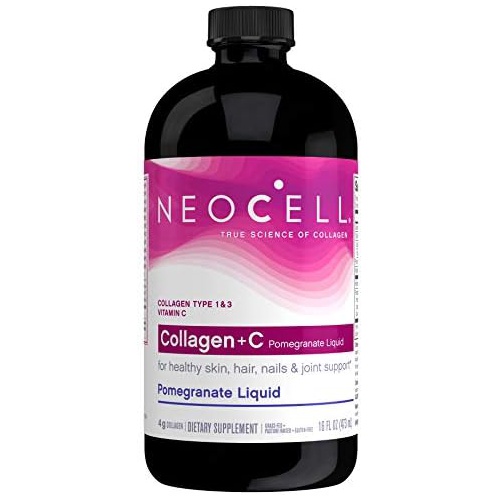  NeoCell Collagen Peptides + Vitamin C Liquid, 4g Collagen Per Serving, Gluten Free, Types 1 & 3, Promotes Healthy Skin, Hair, Nails & Joint Support, Pomegranate, 16 Oz